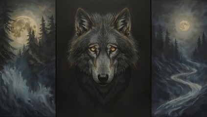 Oil-painted mystical wolf triptych where the center panel shows a glowing wolf spirit with luminous eyes