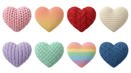 Knitted heart set including crochet, cable knit, braided, and ribbed textures in various colors isolated. Decorative craft and textile collection for valentines day.