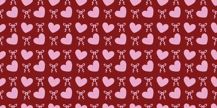 Seamless romantic pattern with pink gingham hearts and ribbons on a dark red background. Cute aesthetic wallpaper for Valentine's Day, wedding stationery, gift wrapping, and textile design.