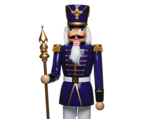 A regal wooden soldier figurine with a blue uniform and golden spear