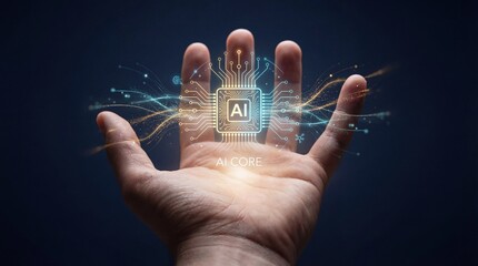 Hand holding AI core chip with glowing circuits and connections
