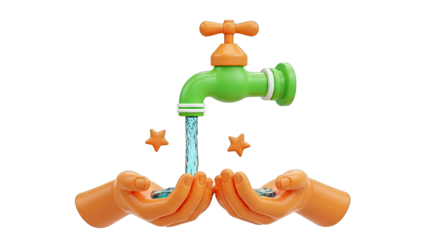 Cartoon Faucet and Hands Collecting Water with Stars