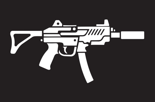 High-contrast silhouette vector illustration of the K7 submachine gun, also known as the Daewoo K7 or S&T Motiv K7, presented in a clean side profile.