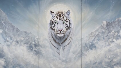 Triptych oil painting of a white tiger spirit, center panel intense and powerful, side panels fading into snowy mountains and ethereal energy trails.