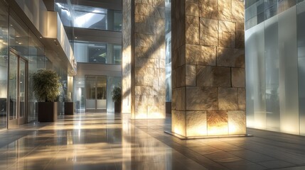 Minimalist business atrium sculptural stone column illuminated with rim-light reflections shimmer subtly across glass surfaces shadows fall accurately