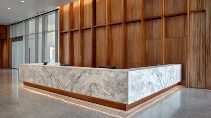 Minimalist corporate reception with marble counter framed by vertical wood panels Side-light enhances natural textures reflections shimmer across