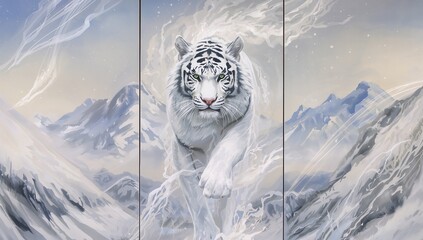 Triptych oil painting of a white tiger spirit, center panel intense and powerful, side panels fading into snowy mountains and ethereal energy trails.