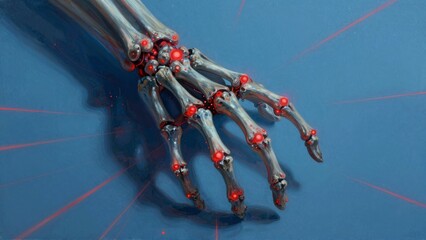 Skeletal hand with glowing red nodes on blue background
