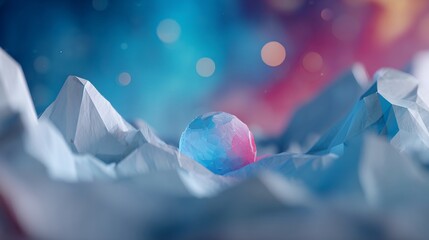 Surreal, low-poly scene of a glowing sphere nestled amidst jagged, crystalline mountain forms