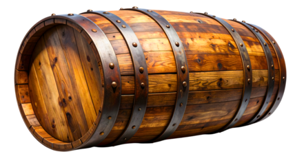 A weathered wooden barrel with metal bands stands against a transparent background.