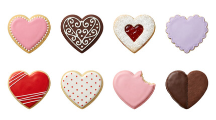 Heart shaped cookie set including iced, chocolate, linzer, sprinkled, and bitten sugar cookies isolated. Valentines day and wedding dessert collection.