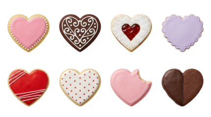 Heart shaped cookie set including iced, chocolate, linzer, sprinkled, and bitten sugar cookies isolated. Valentines day and wedding dessert collection.