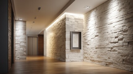 Minimalist hallway stone wall panels polished wooden flooring and metallic-framed artwork niche Top-light generates brilliance rim-light enhancing reflective