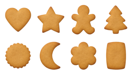 Gingerbread cookie set including heart, star, man, tree, moon, and flower shapes isolated. Festive christmas bakery and holiday snack collection.
