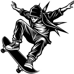 Silhouette of skateboarder doing trick, vector isolated on White Background