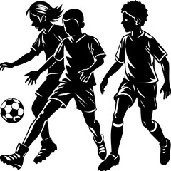 Silhouette of kids playing soccer, sports vector isolated on White Background