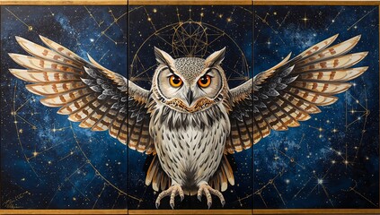 Owl guardian triptych painted in oil style, with the central owl staring forward, and side panels expanding into star-filled night skies and sacred geometry.