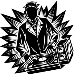 Silhouette of DJ with turntable, party vector isolated on White Background