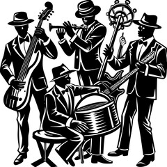 Silhouettes of musical band playing instruments, vector isolated on White Background