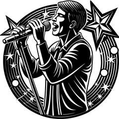 Silhouette of singer holding microphone, music vector isolated on White Background