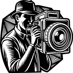 Silhouette of camera with photographer, photography vector isolated on White Background