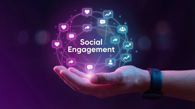 Hand holding glowing social engagement icons on purple background - Powered by Adobe