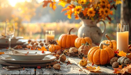 Harvest table set for a celebration, overflowing with pumpkins and fall colors