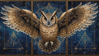 Owl guardian triptych painted in oil style, with the central owl staring forward, and side panels expanding into star-filled night skies and sacred geometry.