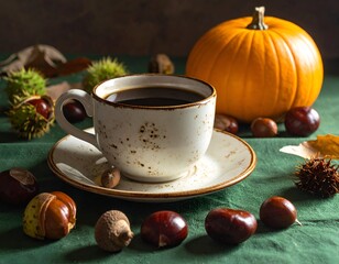A coffee cup on saucer with autumn decor pumpkin, chestnuts, leaves