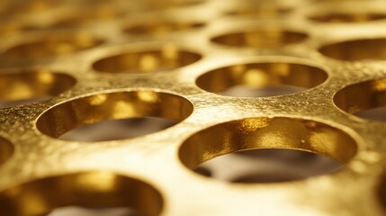Close-up view of golden perforated metal sheet with numerous circular cutouts