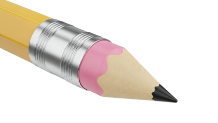 Close-up of a sharp yellow pencil with a pink eraser and metal ferrule