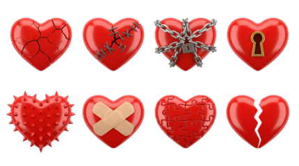 Red heart set including broken, stitched, chained, locked, spiked, bandaged, puzzle, and cracked styles isolated. Emotional health and relationship concept collection.