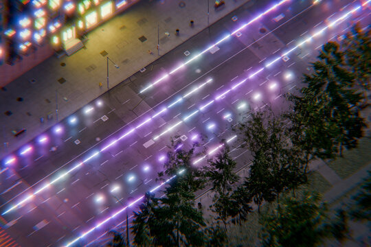 Futuristic city crossroad with neon lights in 3D