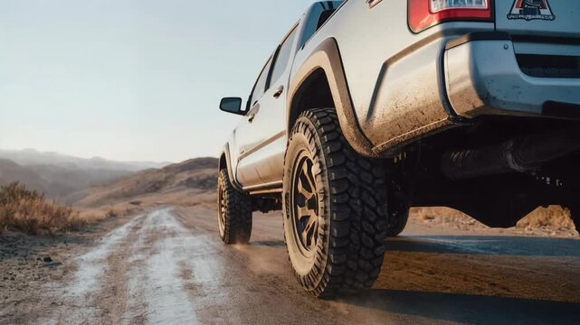 Off road pickup truck stands on muddy mountain road at golden hour symbolizing freedom outdoor adventure and powerful automotive performance