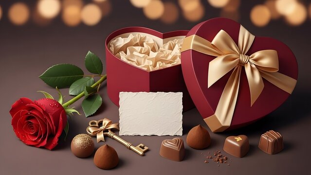 A romantic gift arrangement featuring a heart-shaped box, red rose, and chocolates