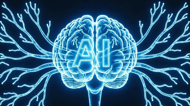 Physical AI robot brain revealed, camera zooms rapidly in as neural network grows and AI text illuminates, future technology