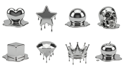 Melting liquid metal object set including heart, star, sphere, skull, cube, diamond, crown, and apple shapes isolated. 3d rendering of shiny chrome molten elements.