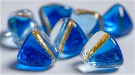 Close-up of several triangular, colorful glass stones with blue, white, and gold accents