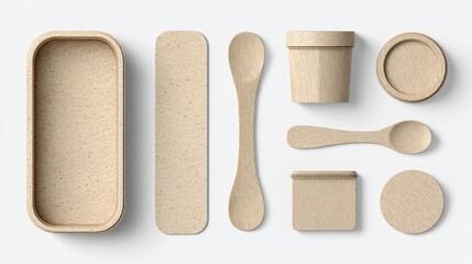 Beige eco-friendly cutlery and containers. Top-down shot of food packaging mockup. Natural tones
