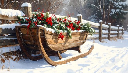 A wooden sleigh laden with festive red and green decor sits in a snowy landscape