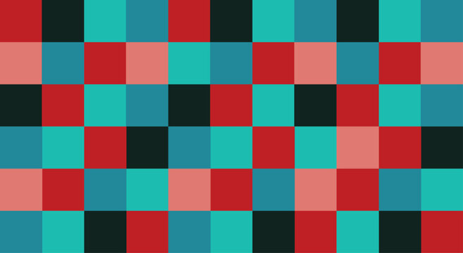 Checkered seamless pattern background texture, multicolour. Red, blue, pink checked Christmas background.  Groovy checkered seamless patterns, vintage aesthetic background, checkerboard texture.