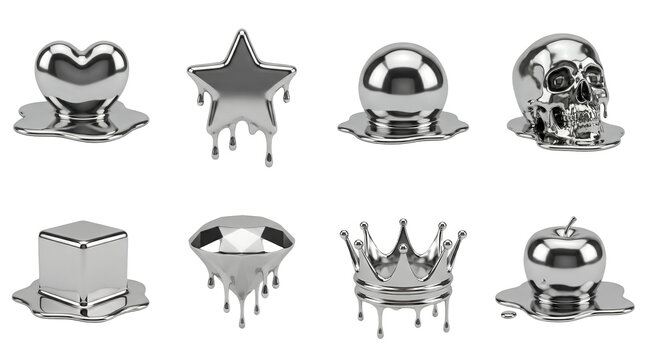 Melting liquid metal object set including heart, star, sphere, skull, cube, diamond, crown, and apple shapes isolated. 3d rendering of shiny chrome molten elements.