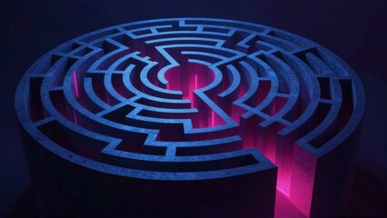Circular maze with blue and pink neon lighting