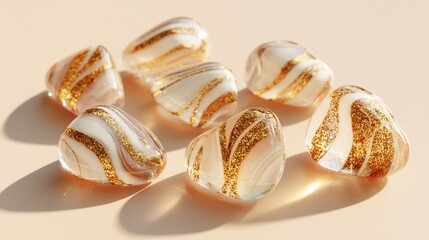 Close-up of eight heart-shaped translucent objects with gold glitter accents