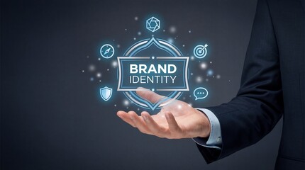 Businessman presenting brand identity concept with glowing icons