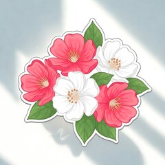 Fototapeta premium Stylized floral illustration featuring pink and white flowers with green leaves, suitable for decoration, branding, greeting cards, and creative design projects.