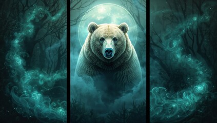 Mystical bear triptych where the bear emerges from moonlight in the center panel, with forest shadows and glowing runes flowing across side panels.