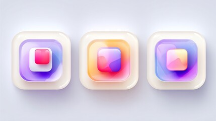 Three stylized, glossy, layered squares with vibrant, blended colors. Modern, minimal design