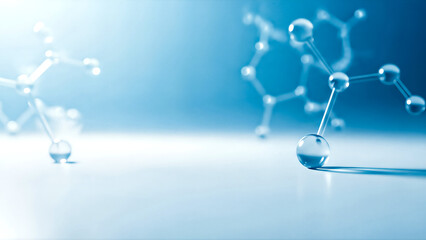 Close up of transparent molecular structure with blue gradient background molecule