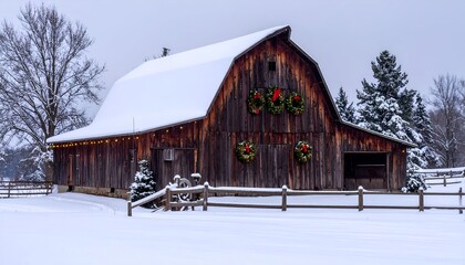 Rustic weathered barn, snow-covered roof, adorned with festive wreaths, in a winter scene